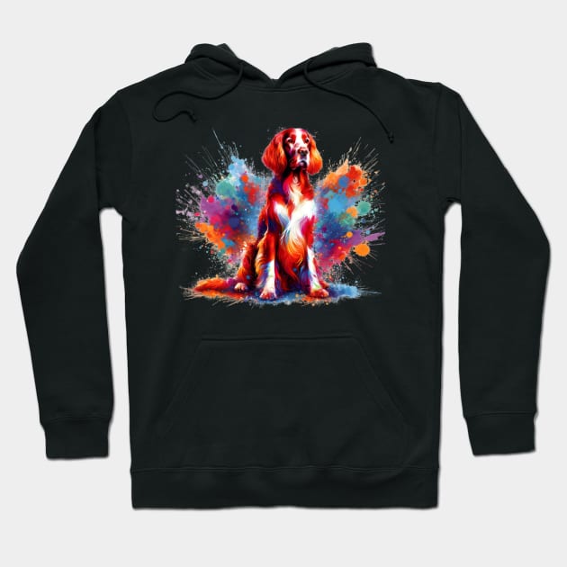 Colorful Irish Red and White Setter Artwork Hoodie by ArtRUs